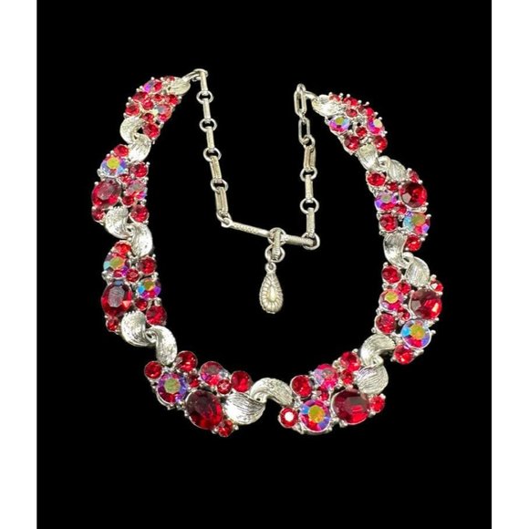 Vintage Lisner Bright Red Glass and AB Silver Tone Choker Necklace 17" - Picture 2 of 8